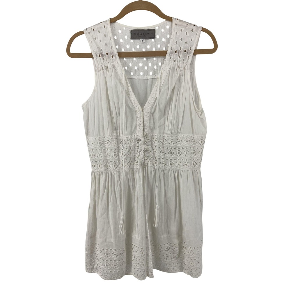 Double D Ranch Vest Womens 6 White Eyelet Boho Western Sleeveless Cotton Shirt